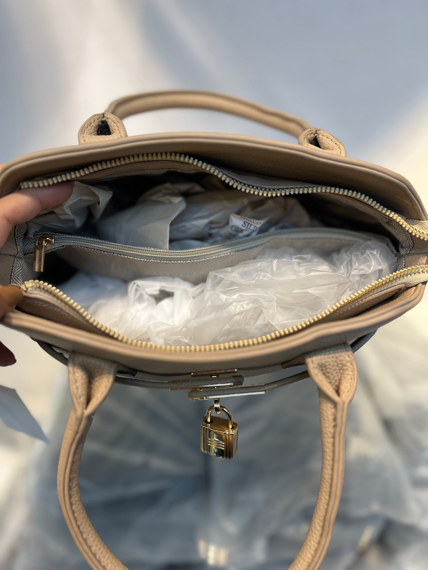 Beige Faux Leather Satchel Handbag with Lock Charm
