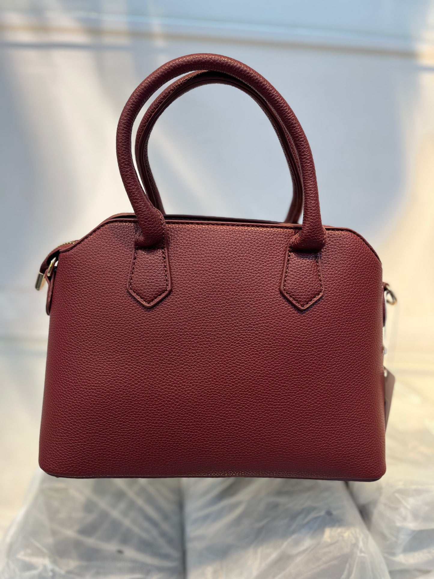 Red Faux Leather Satchel Handbag with Lock Charm