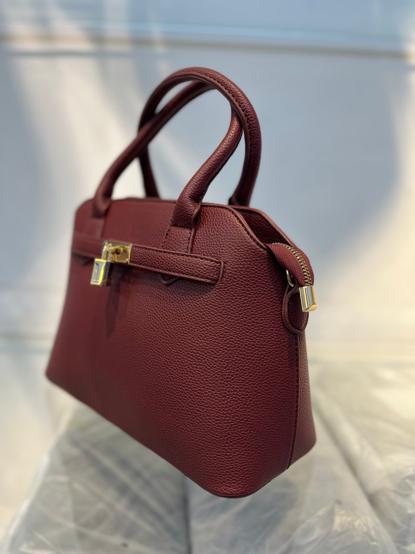 Red Faux Leather Satchel Handbag with Lock Charm