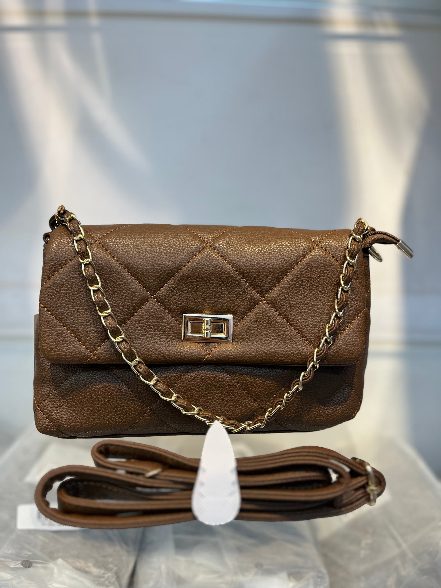 Quilted Vegan Faux Leather Cushion Bag Coffee