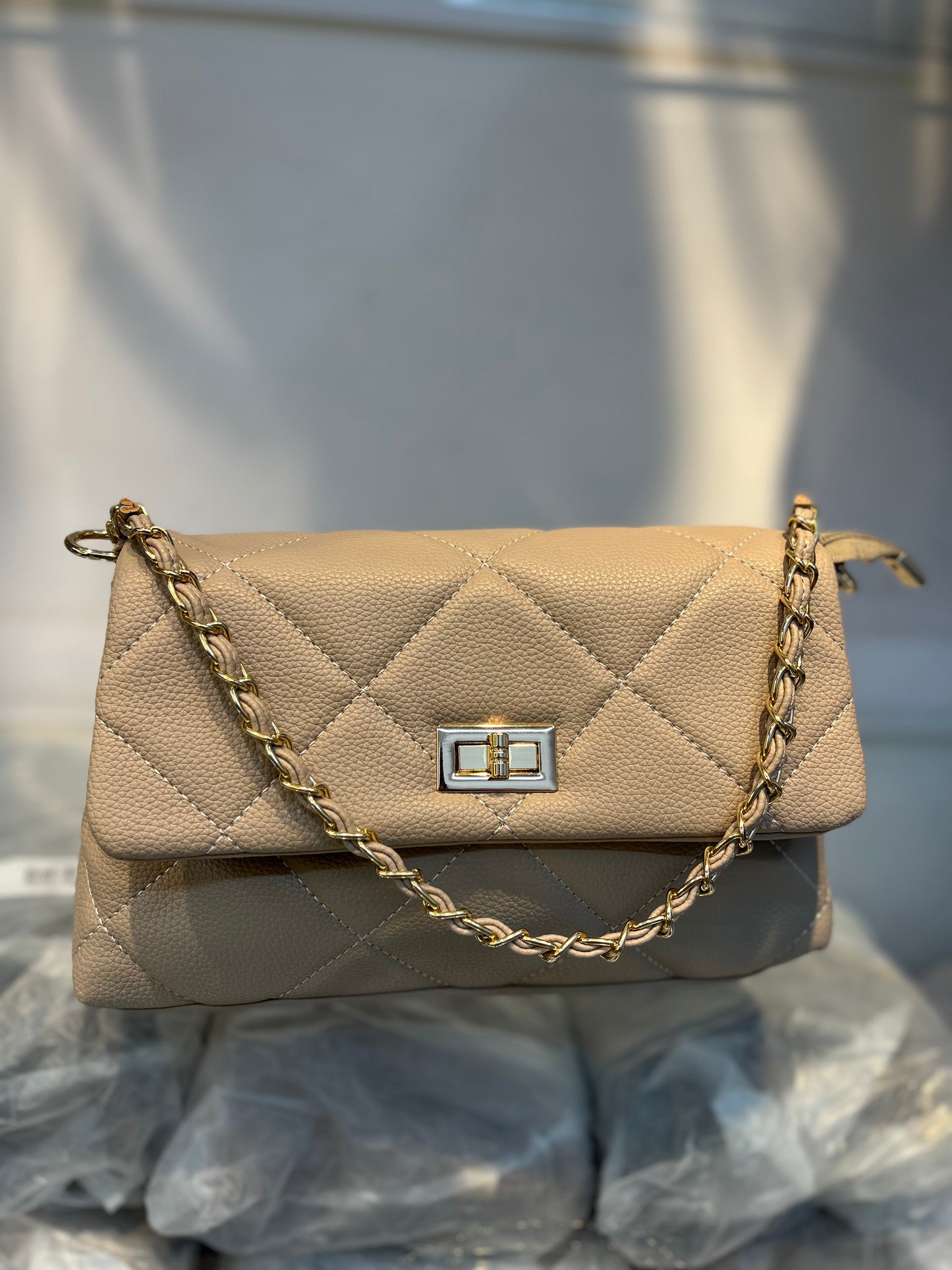 Quilted Vegan Faux Leather Cushion Bag Beige