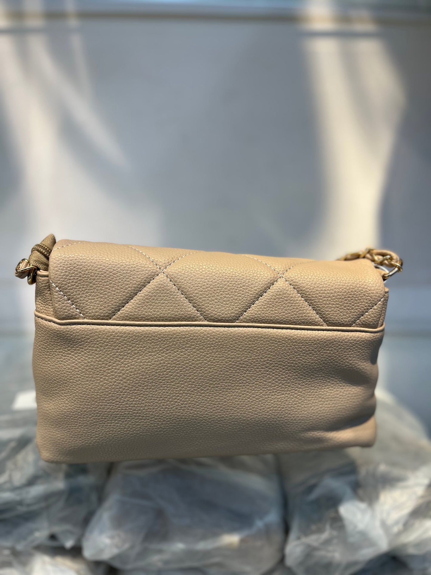 Quilted Vegan Faux Leather Cushion Bag Beige