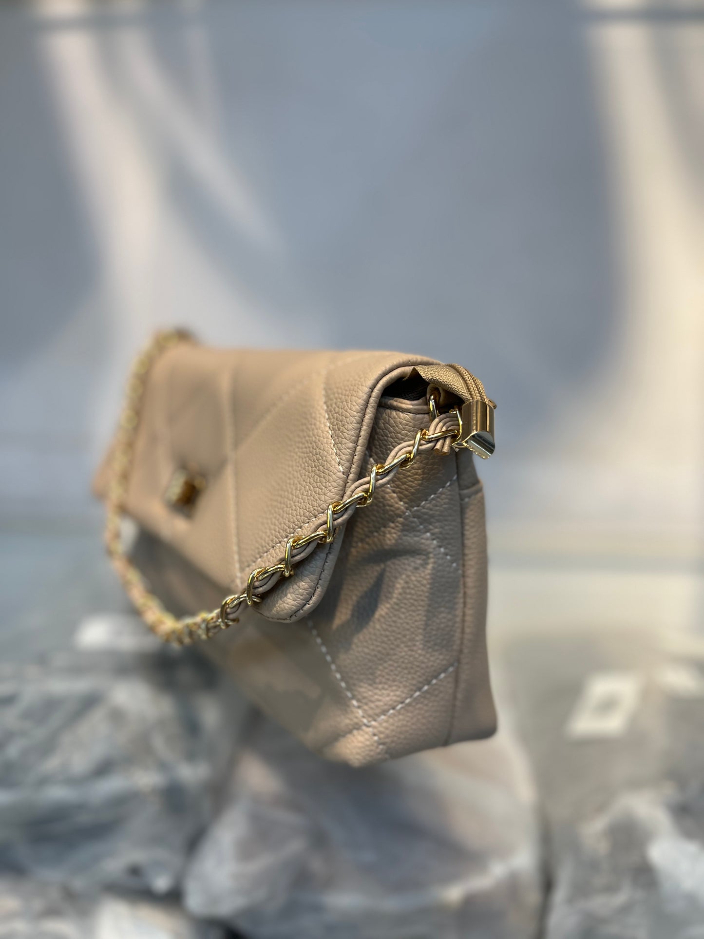 Quilted Vegan Faux Leather Cushion Bag Beige