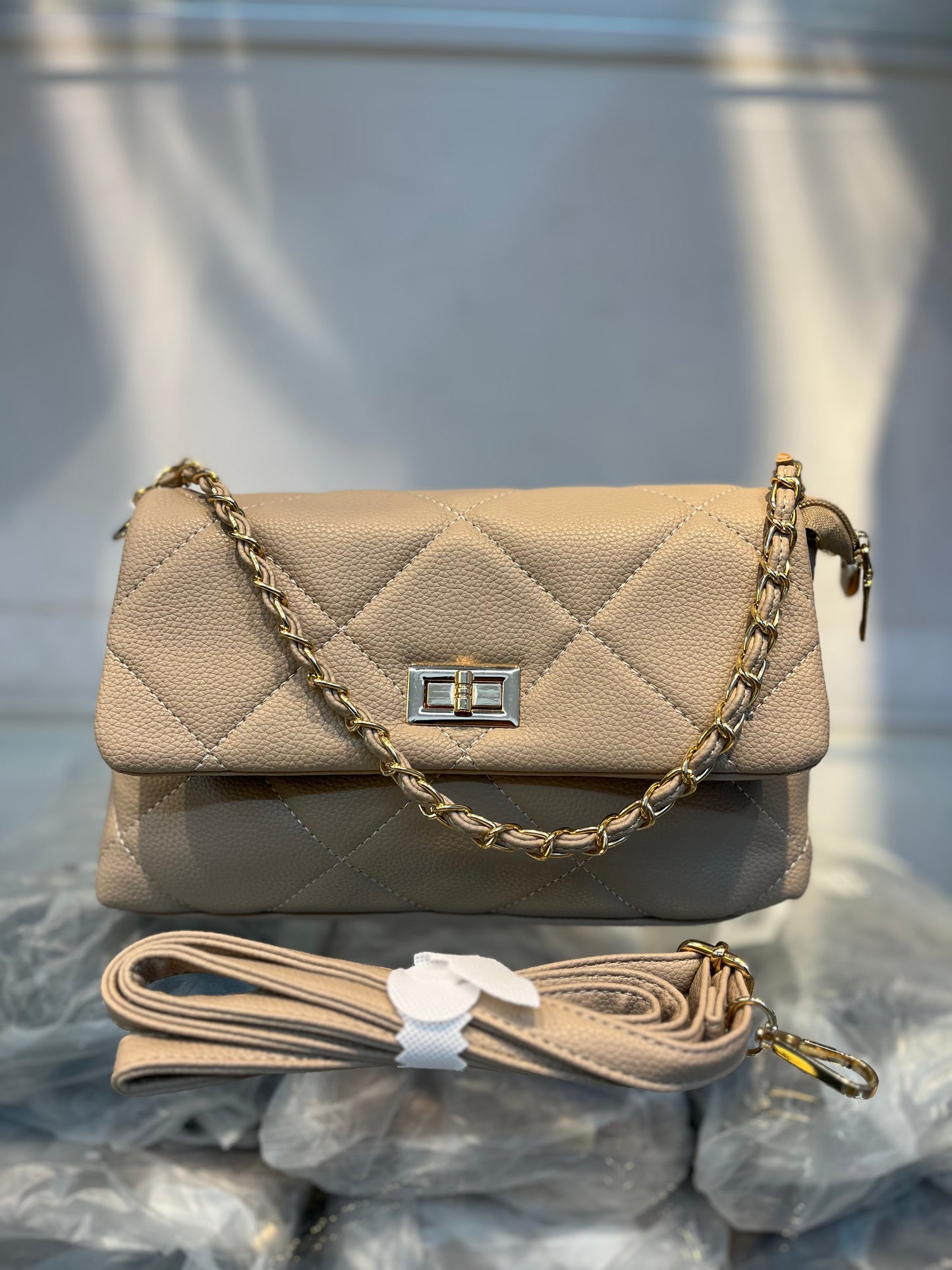 Quilted Vegan Faux Leather Cushion Bag Beige