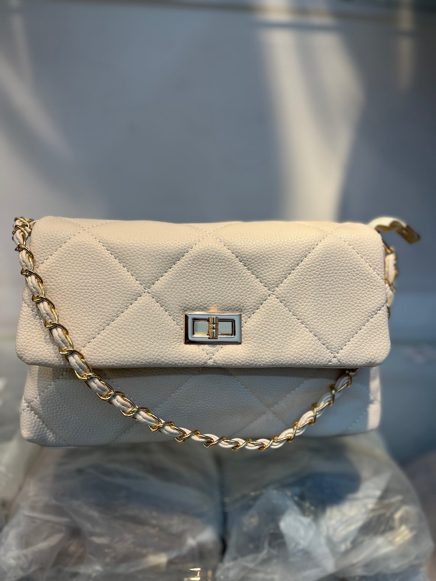 Quilted Vegan Faux Leather Cushion Bag Off White