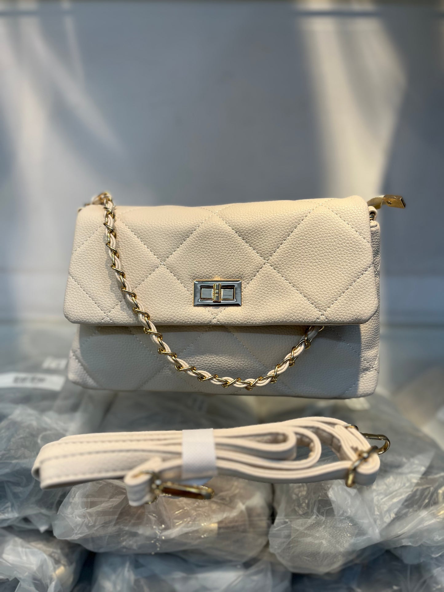 Quilted Vegan Faux Leather Cushion Bag Off White