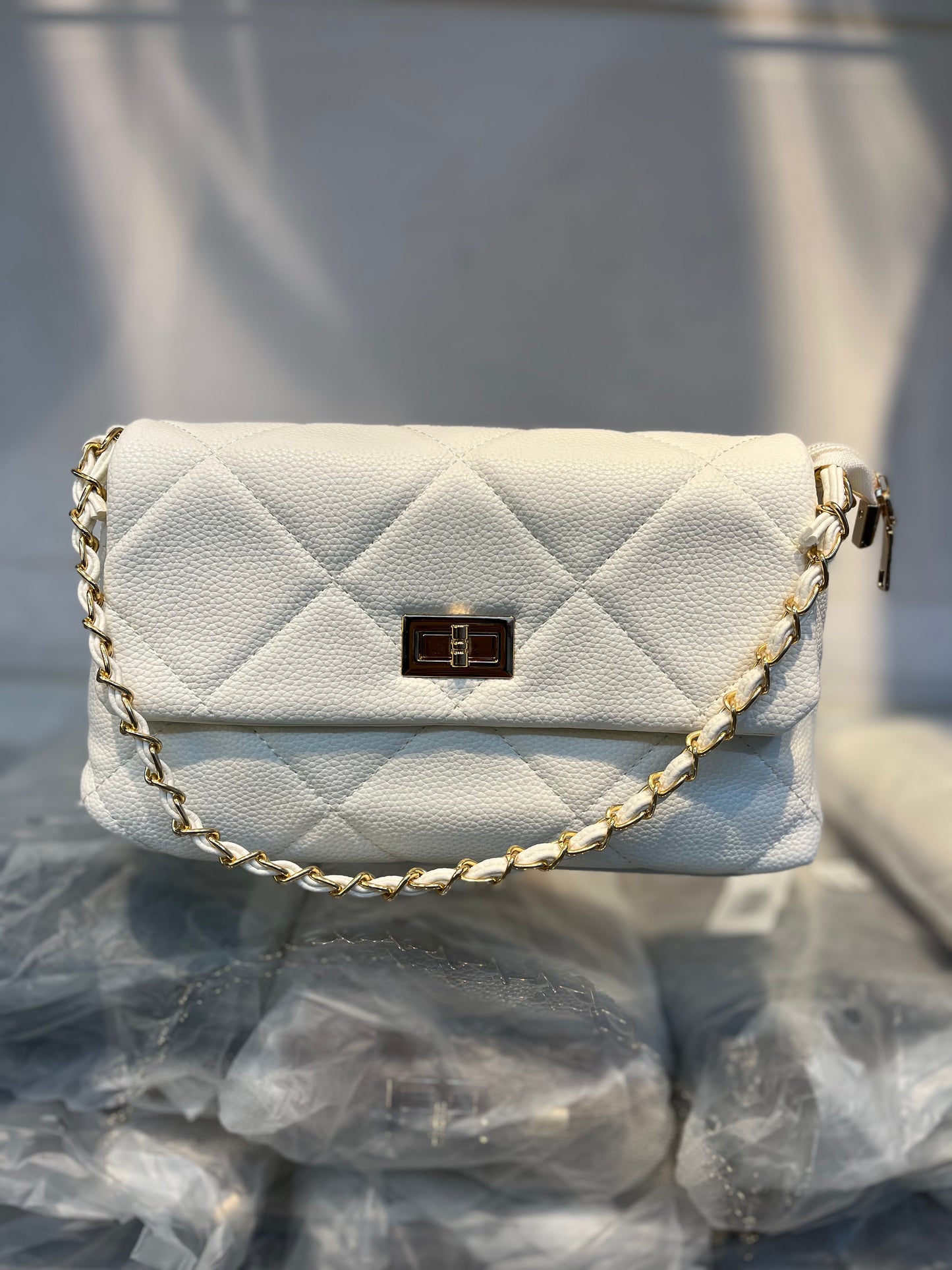 Quilted Vegan Faux Leather Cushion Bag White