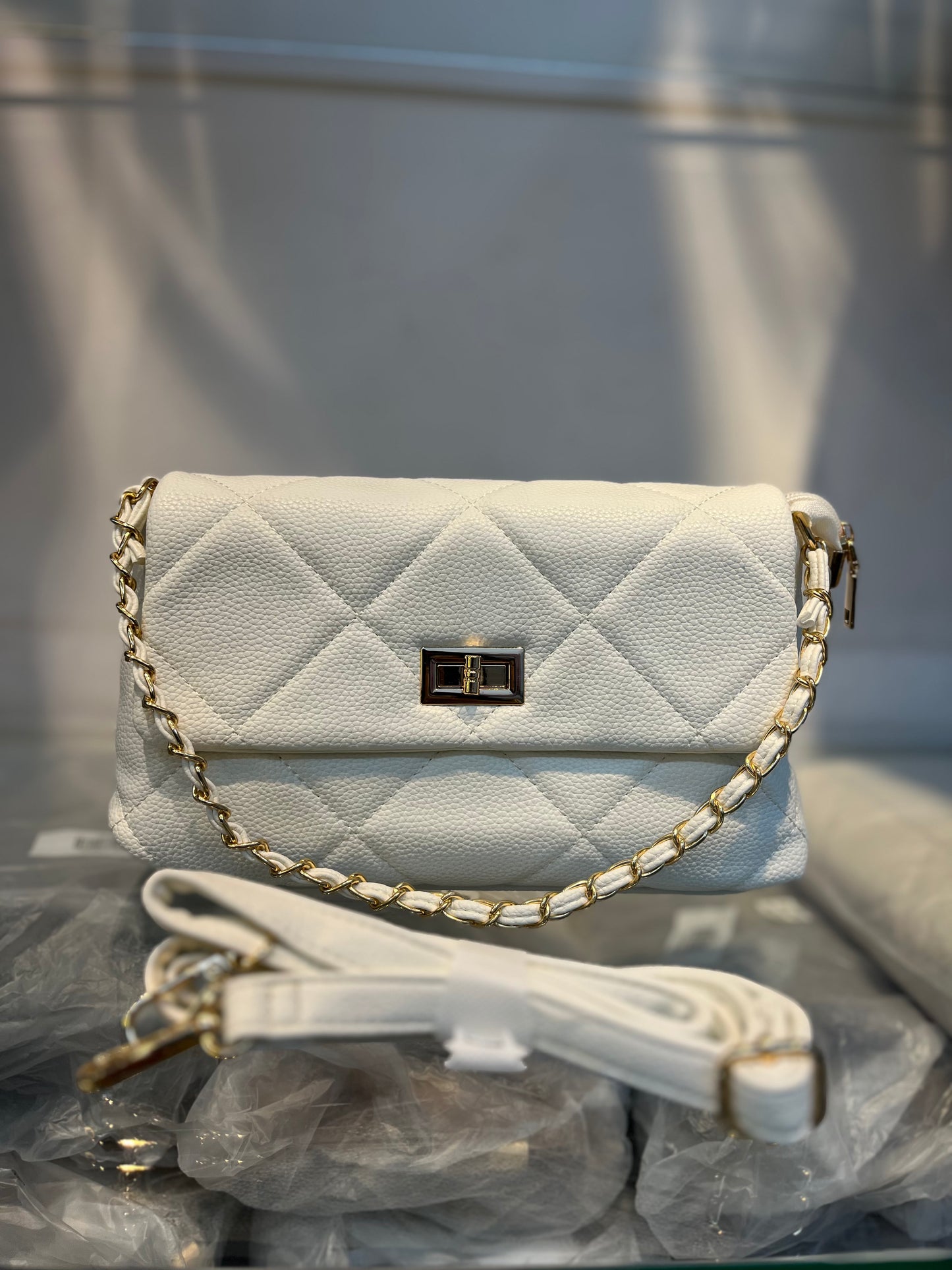 Quilted Vegan Faux Leather Cushion Bag White
