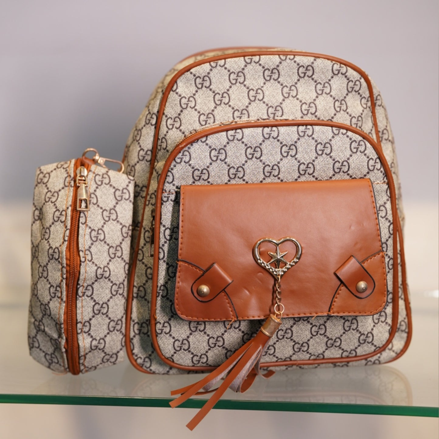 Monogram Print Faux Leather Backpack & Pouch