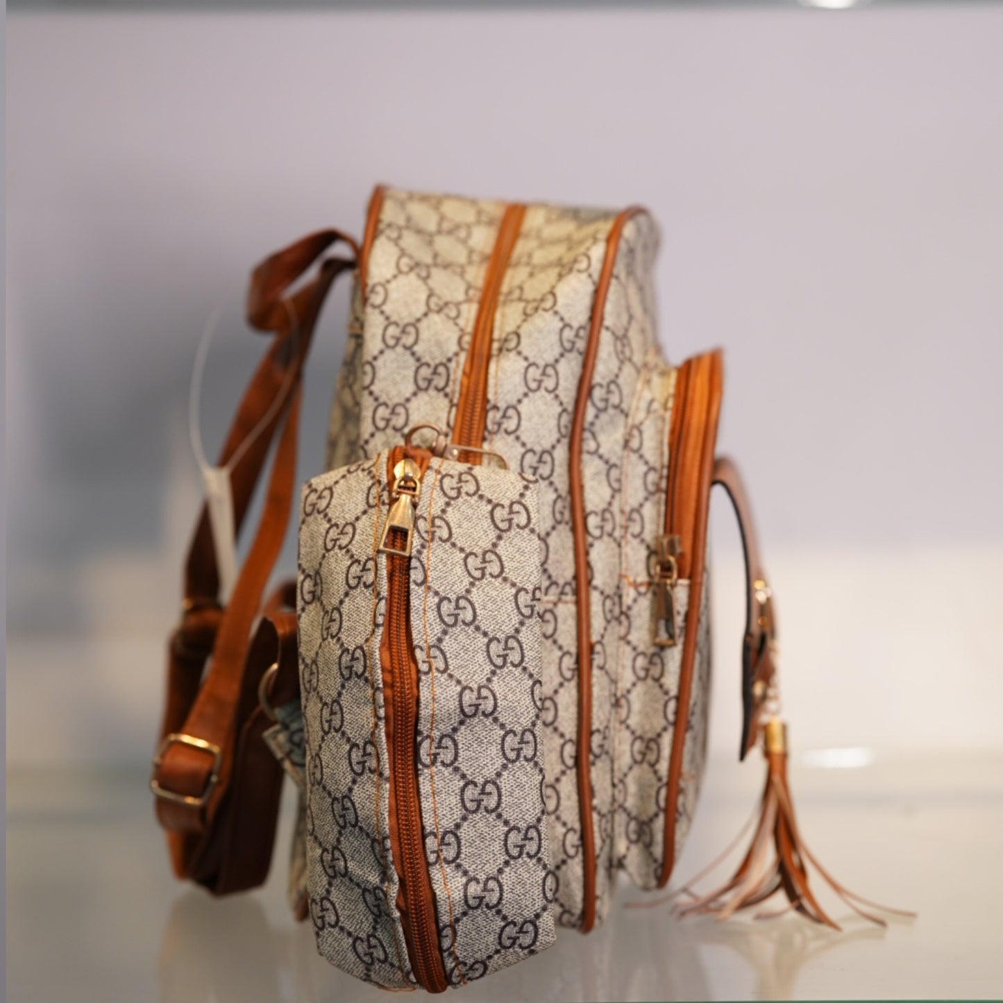 Monogram Print Faux Leather Backpack & Pouch