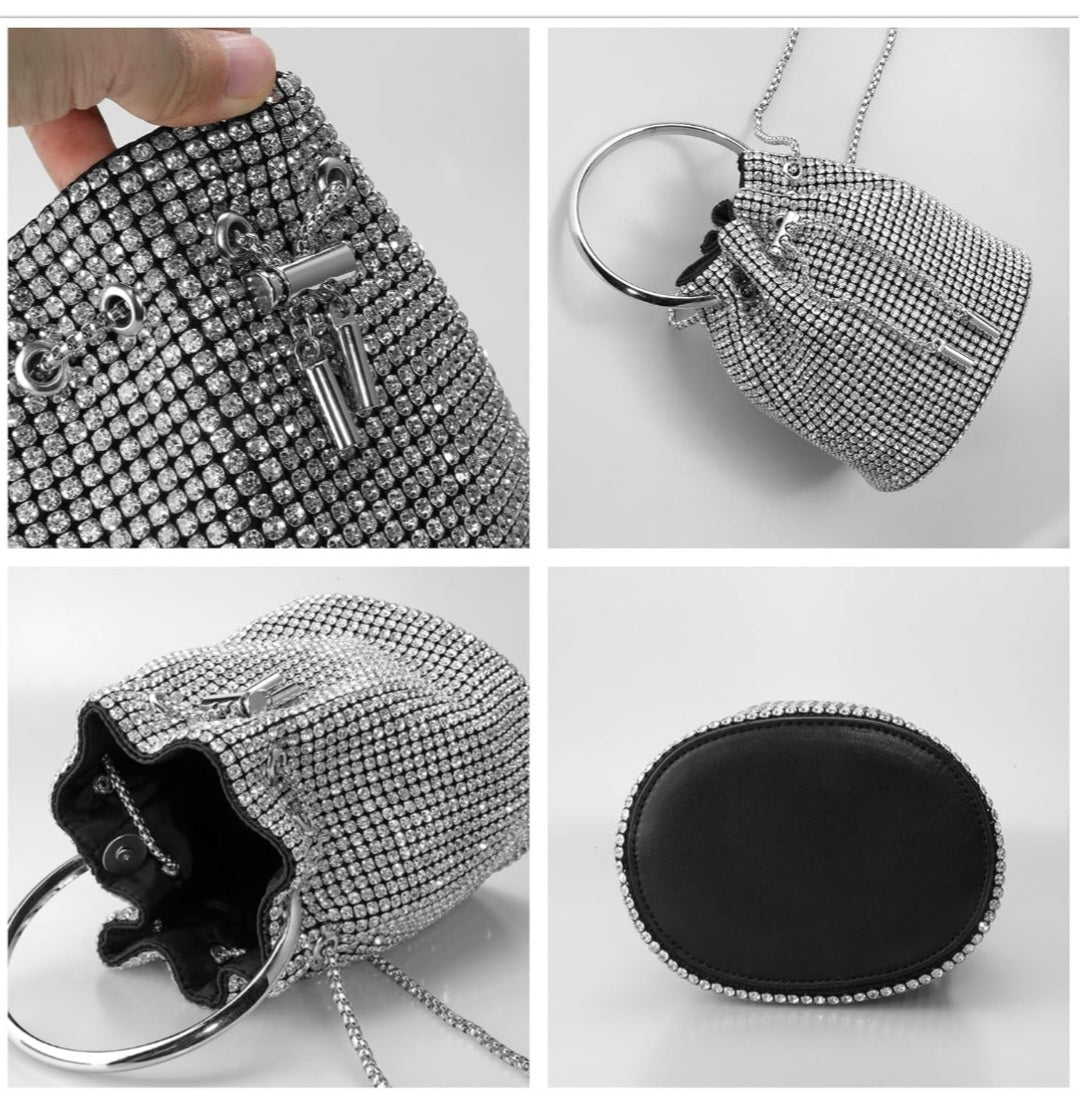 Dazzling Silver Rhinestone Potli Clutch Bag with Kada Handle & Sling