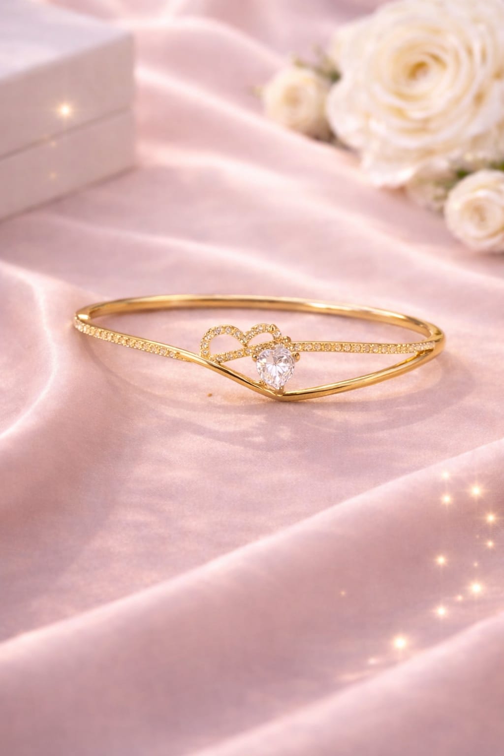 Heart-to-Heart Pavé Bangle – Premium Imported Edition Gold