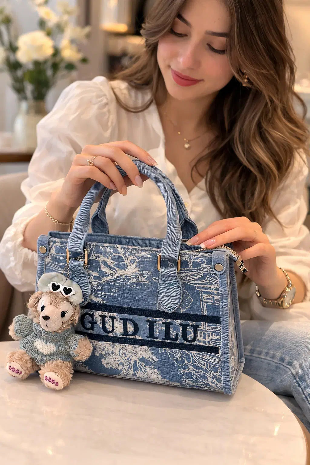 Artisanal Blue Denim Mini Flap Bag with Scenic Tapestry Design