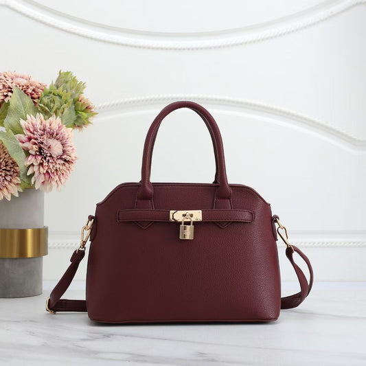Red Faux Leather Satchel Handbag with Lock Charm