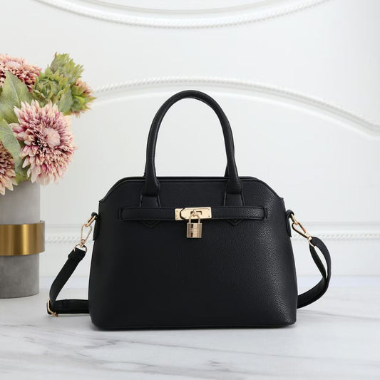 Black Faux Leather Satchel Handbag with Lock Charm