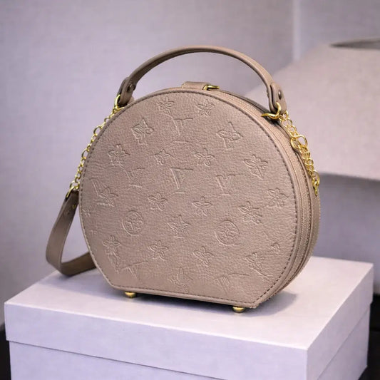 Mocha Monogram Canteen Crossbody – Premium Vegan Leather Circular Statement Bag