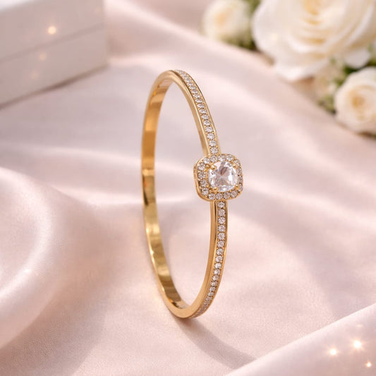 The Classic Choice: "Royal Halo" Premium Solitaire Bangle – Gold