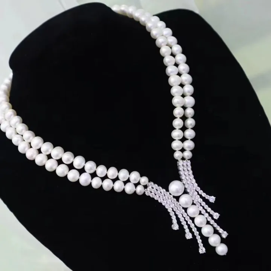 Elegant Two-Layer Pearl and Crystal Statement Necklace Set Silver