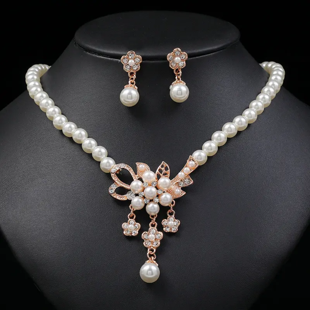Elegant Pearl and Crystal Floral Necklace and Earring Set Golden