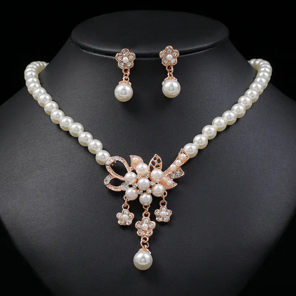 Elegant Pearl and Crystal Floral Necklace and Earring Set Golden
