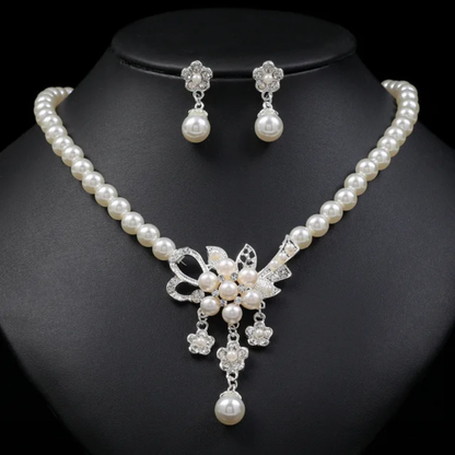Elegant Pearl and Crystal Floral Necklace and Earring Set Silver