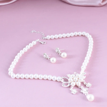 Elegant Pearl and Crystal Floral Necklace and Earring Set Silver