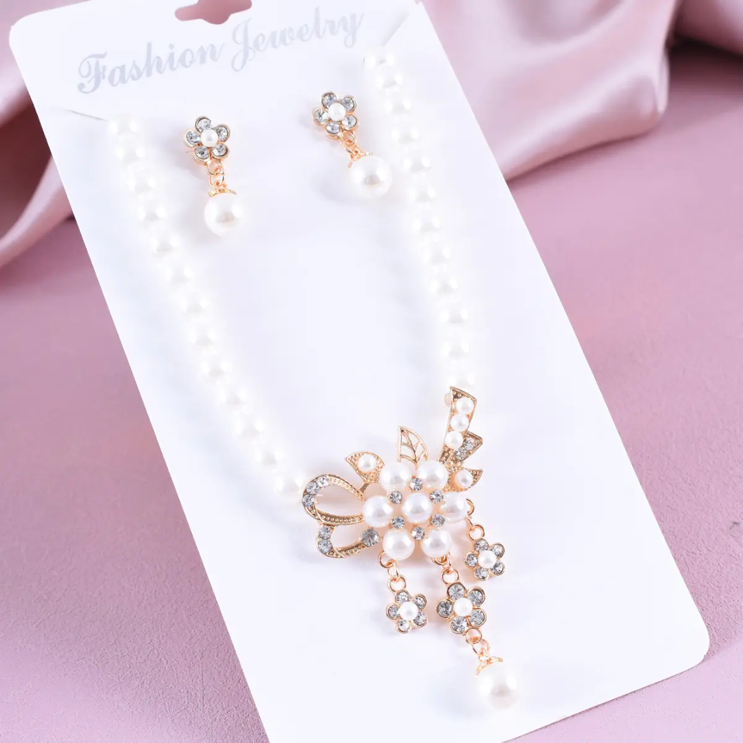 Elegant Pearl and Crystal Floral Necklace and Earring Set Golden