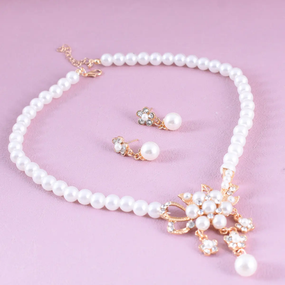 Elegant Pearl and Crystal Floral Necklace and Earring Set Golden