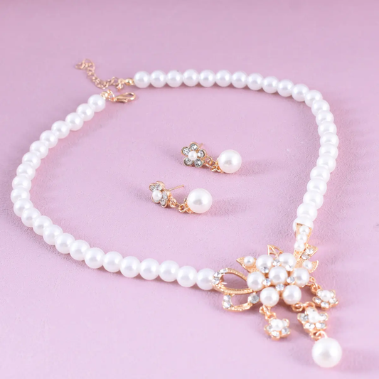 Elegant Pearl and Crystal Floral Necklace and Earring Set Golden
