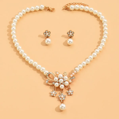 Elegant Pearl and Crystal Floral Necklace and Earring Set Golden