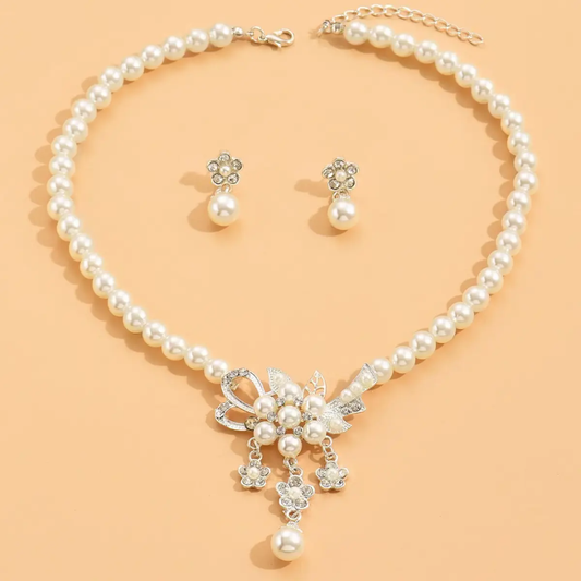 Elegant Pearl and Crystal Floral Necklace and Earring Set Silver