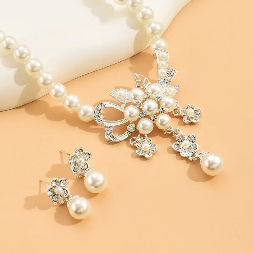 Elegant Pearl and Crystal Floral Necklace and Earring Set Silver