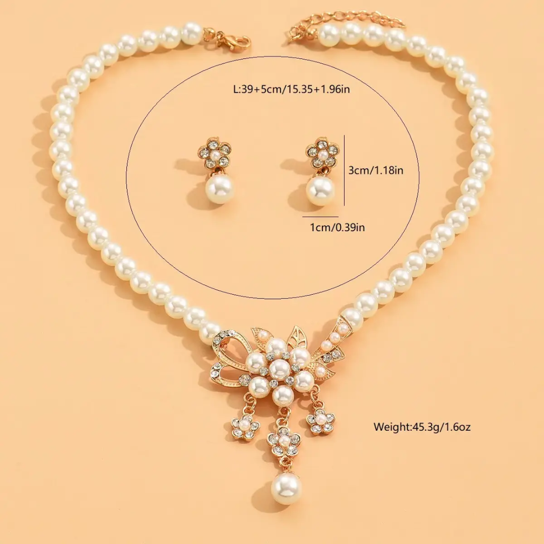 Elegant Pearl and Crystal Floral Necklace and Earring Set Golden