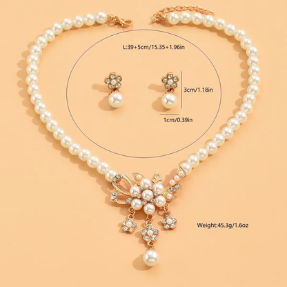 Elegant Pearl and Crystal Floral Necklace and Earring Set Golden