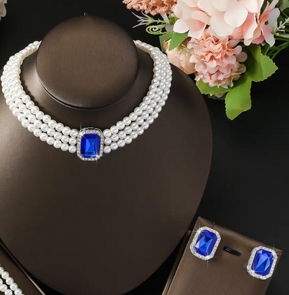 Vintage Sapphire Blue Crystal and Pearl Choker Set