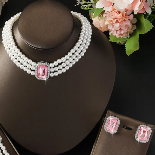 Vintage Pink Emerald-Cut Crystal and Pearl Choker Set