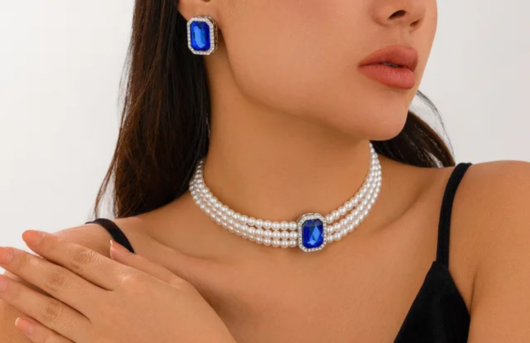 Vintage Sapphire Blue Crystal and Pearl Choker Set