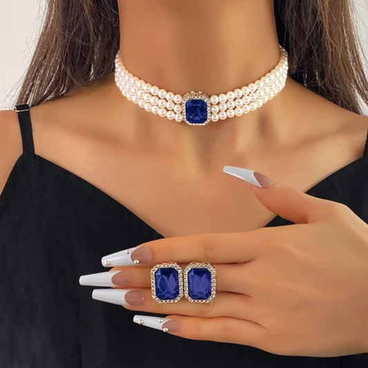 Vintage Sapphire Blue Crystal and Pearl Choker Set