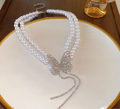 Double Strand Pearl Necklace Set with Gold Butterfly Pendant