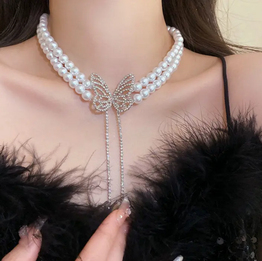 Double Strand Pearl Necklace Set with Gold Butterfly Pendant