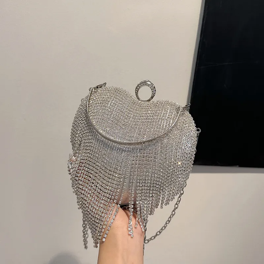 Silver Dazzle Heart Clutch | Crystal Fringe Party Handbag