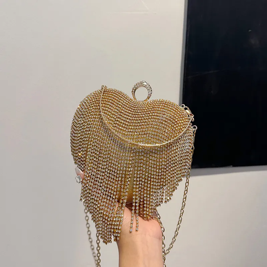 Golden Dazzle Heart Clutch | Crystal Fringe Party Handbag