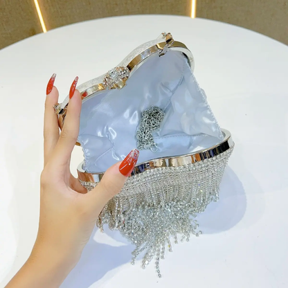 Silver Dazzle Heart Clutch | Crystal Fringe Party Handbag