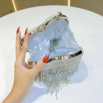 Silver Dazzle Heart Clutch | Crystal Fringe Party Handbag