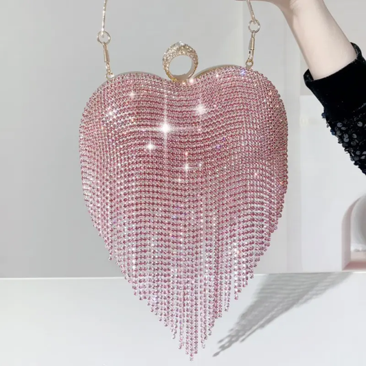 Rose Gold Dazzle Heart Clutch | Crystal Fringe Party Handbag