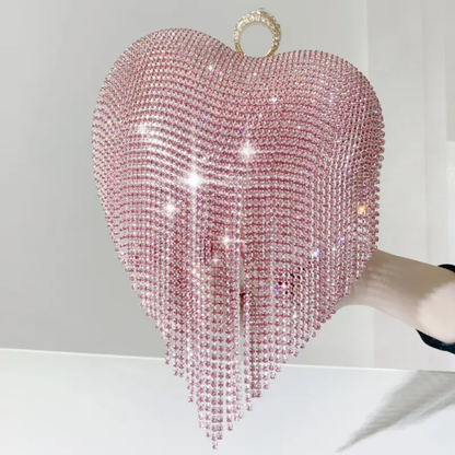 Rose Gold Dazzle Heart Clutch | Crystal Fringe Party Handbag