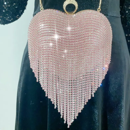 Rose Gold Dazzle Heart Clutch | Crystal Fringe Party Handbag