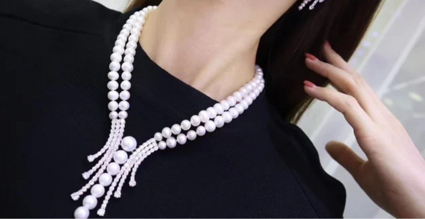 Elegant Two-Layer Pearl and Crystal Statement Necklace Set Golden