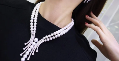 Elegant Two-Layer Pearl and Crystal Statement Necklace Set Golden