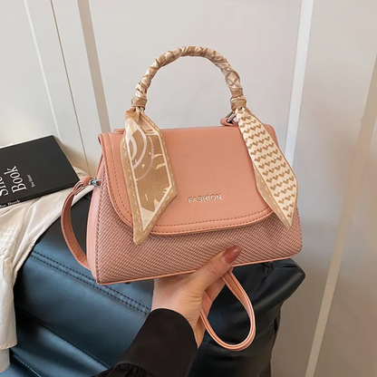 Elegant Pink Faux Leather Top Handle Bag with Scarf Accent - Perfect for a Fashionable Look 02